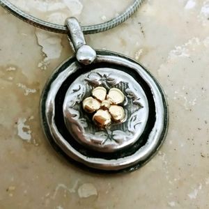 Silver & 14k Gold Flower (Poppy?)Pendant & Chain